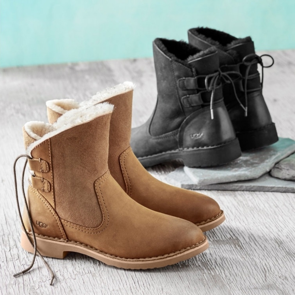 UGG Naiyah Boots 8 Chestnut Tan Suede Lace-Back Shearling Ankle Booties NEW